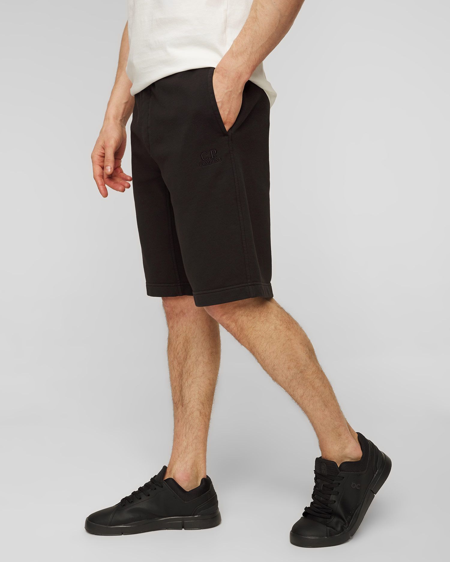 C.p. Company Cotton Diagonal Fleece Logo Shorts In Black