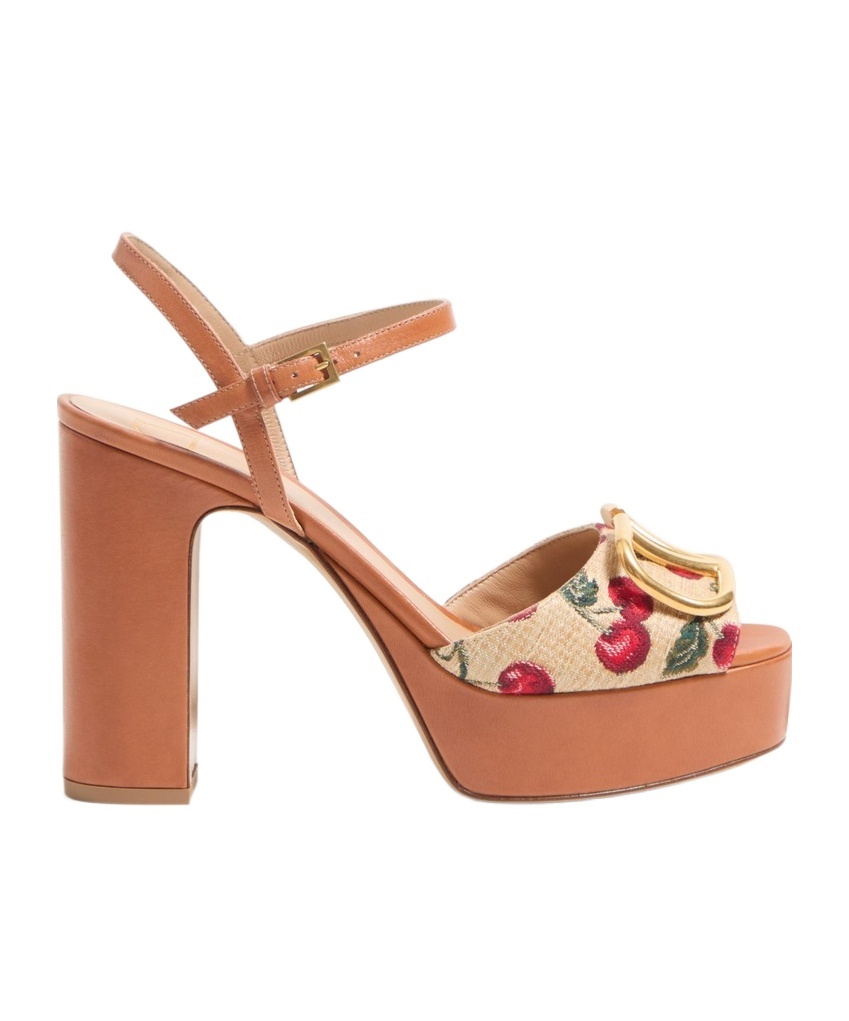 Valentino Cherry-embroidered Raffia Platform Sandals In Brown