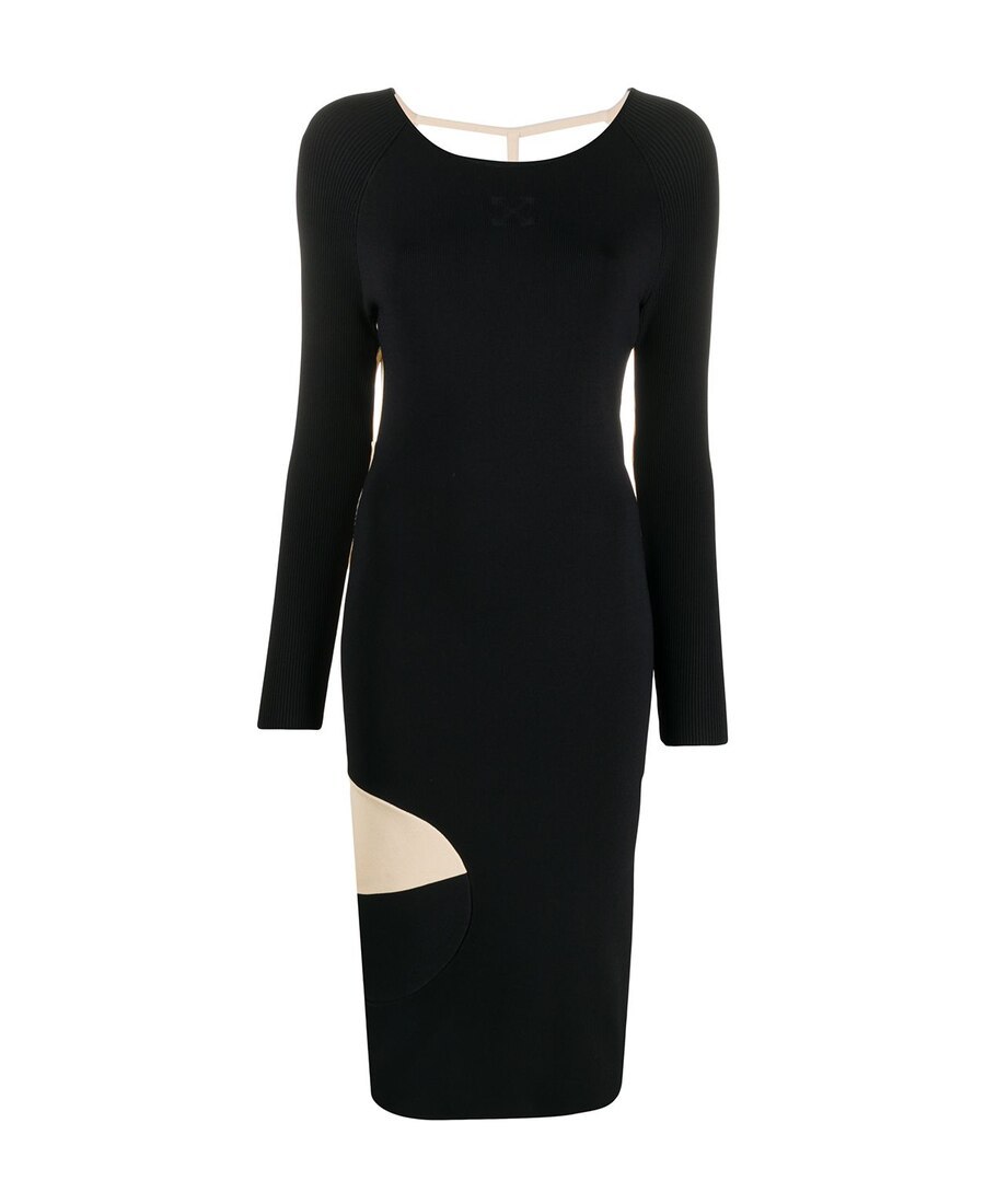 Off-white Open-back Two-tone Ribbed-knit Midi Dress In Black