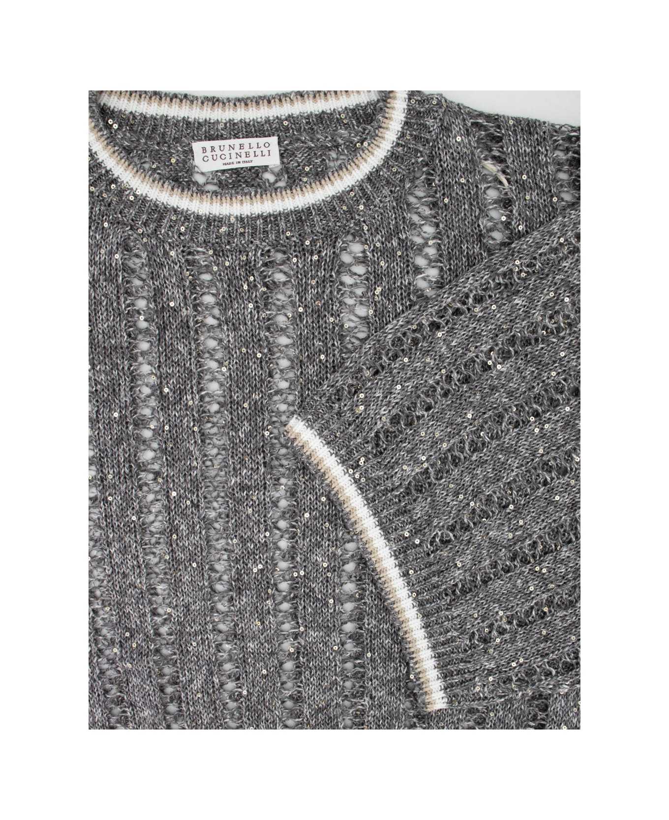 Brunello Cucinelli Mesh Round-neck Sweater In Gray