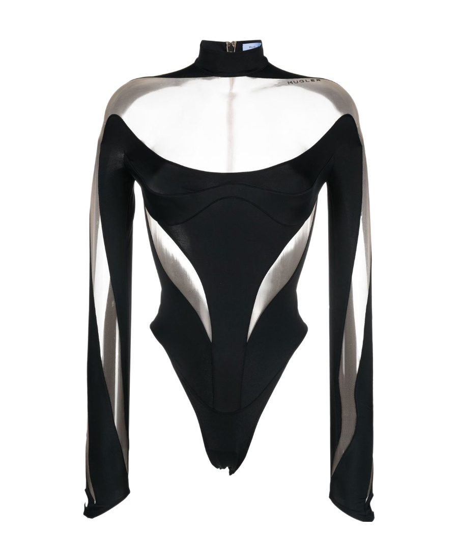 Mugler Star-print Mesh Bodysuit In Black