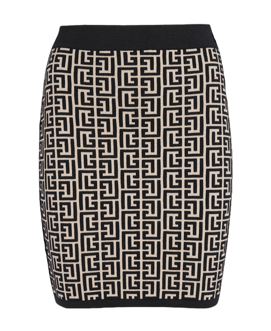 Balmain Monogram Wool Pencil Skirt With Zip In Black