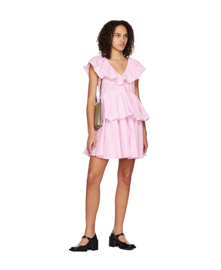 Ganni A V-collar Dress With Lotus Leaf Edge In Pink