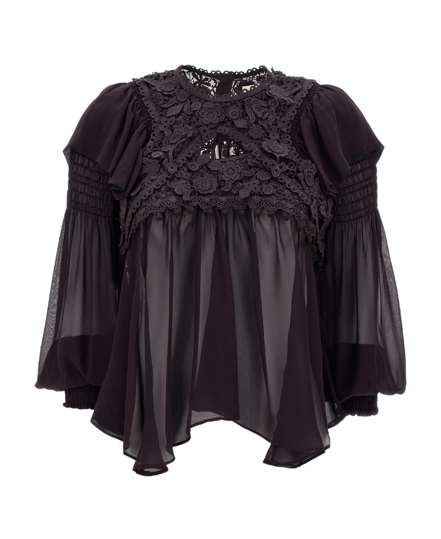 Isabel Marant 'puff Sleeves' Sheer Lace Top With Floral Embroidery In Black