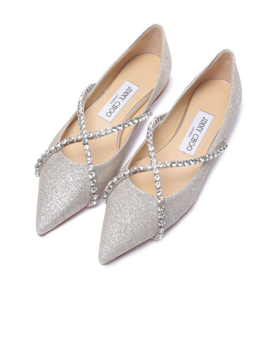 Jimmy Choo Crystal Chain Pointed Shallow-mouth Flat Shoes In Gray