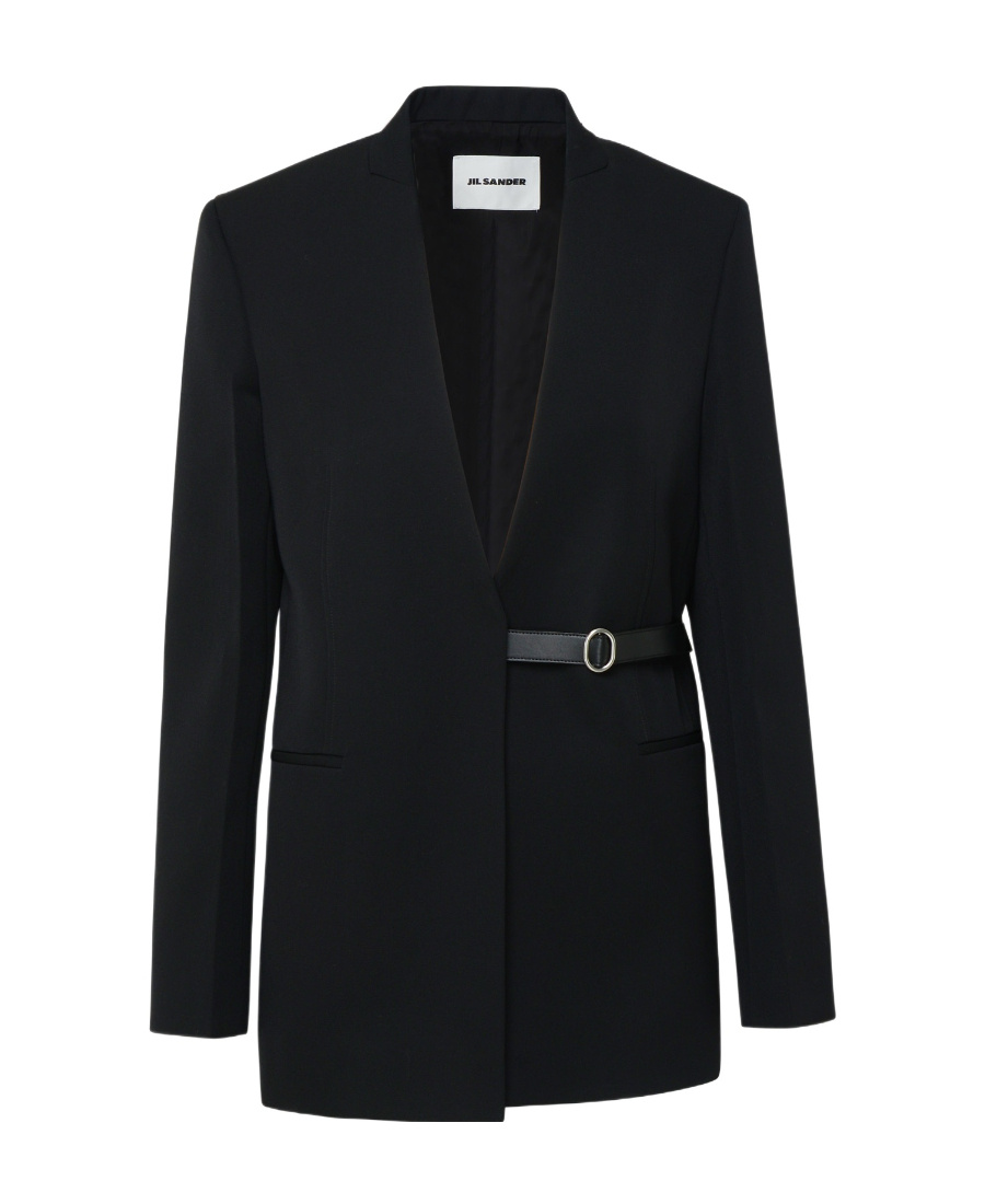 Jil Sander Collarless Belted Blazer In Blue