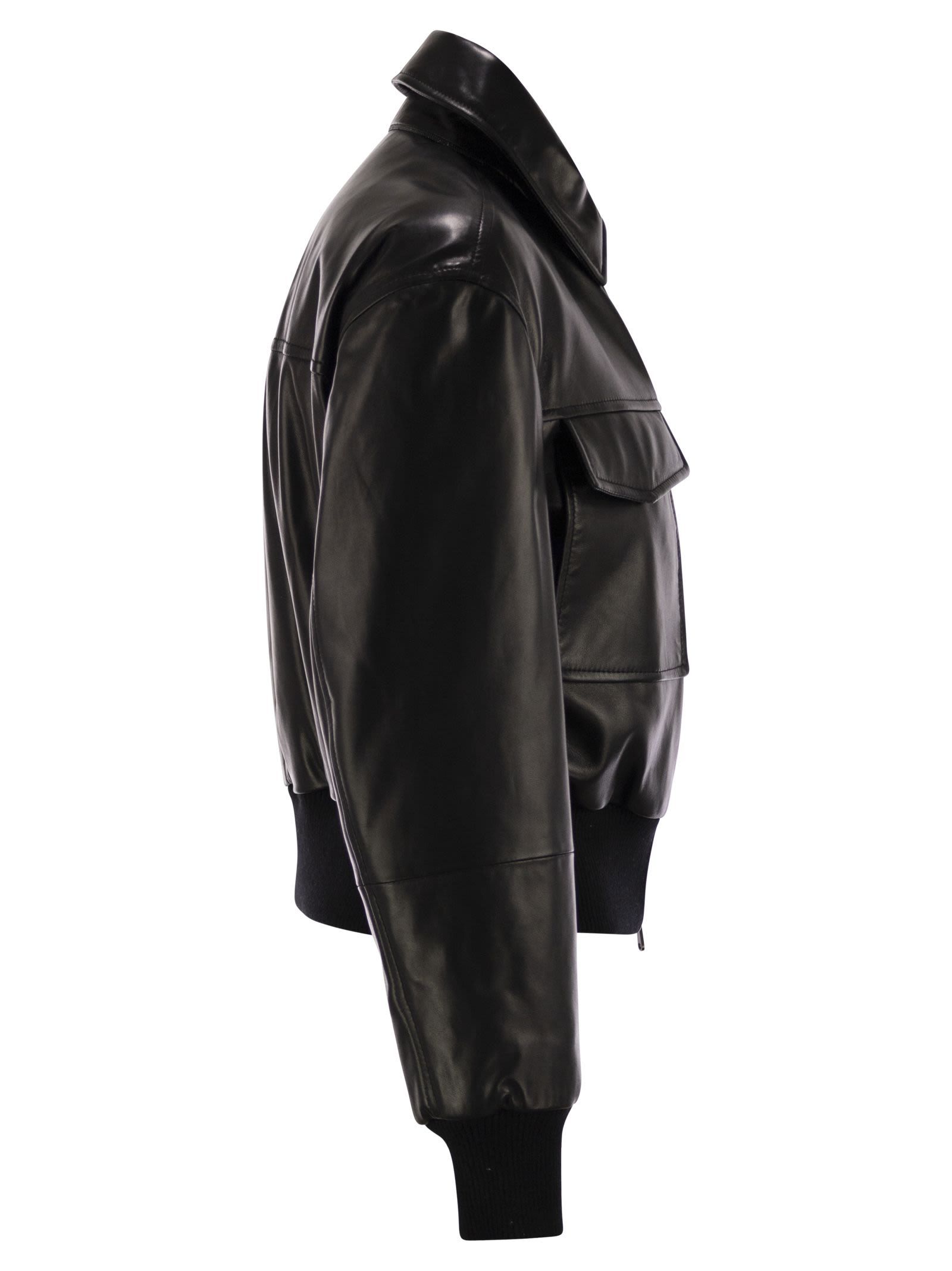 Brunello Cucinelli Women Leather Bomber Jacket With Jewellery In Black