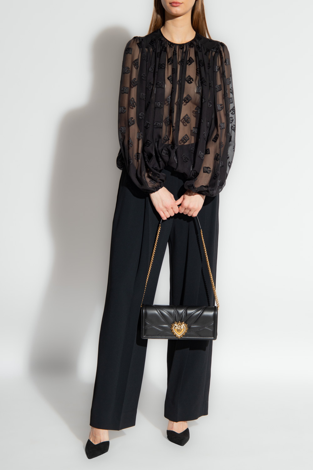 Dolce & Gabbana Logo Jacquard Bishop Sleeves Blouse In Black