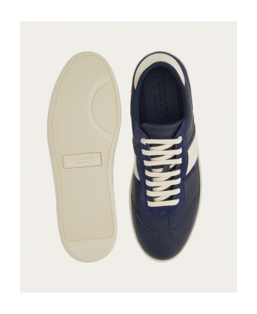 Ferragamo Achille Logo Leather Sneakers In Blue Marine