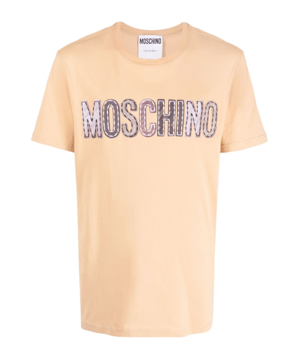 Moschino Organic Cotton Crew Neck T-shirt With Logo Patch In Nude