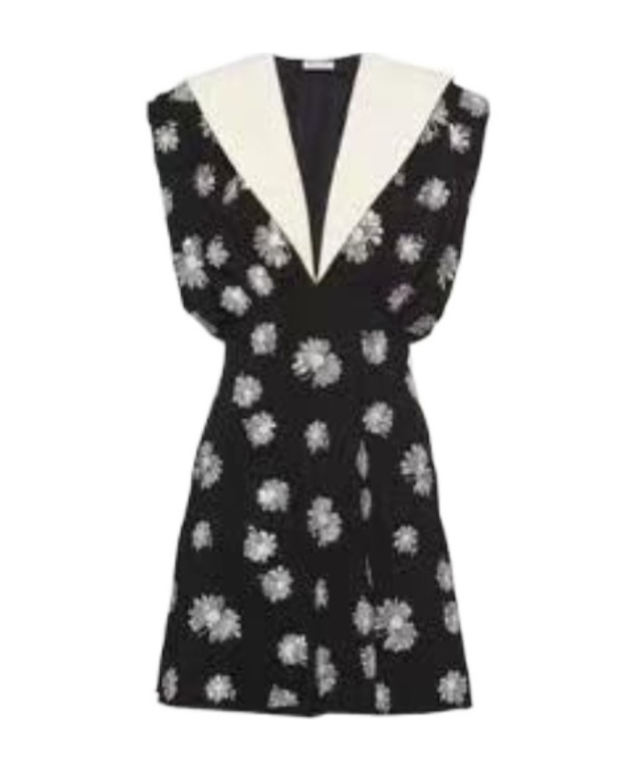 Miu Miu Short-sleeved Embroidered Sablé Dress In Black
