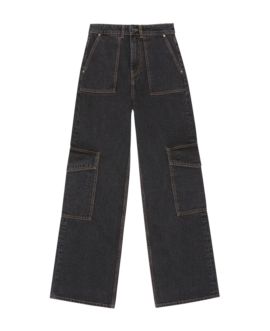 Ganni Wide-leg Cargo Jeans In Black