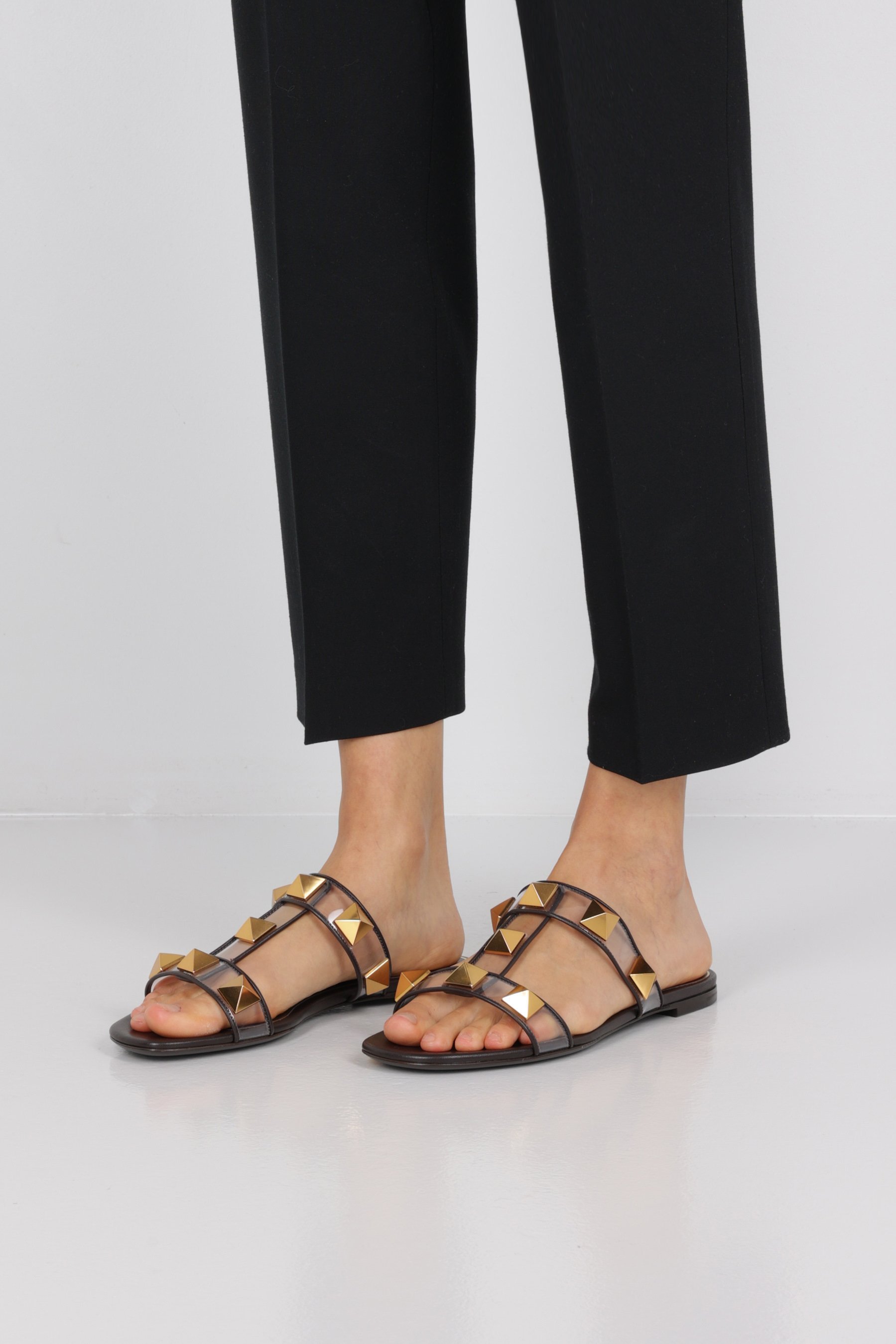Valentino Roman Stud Pvc And Leather Slides In Gray