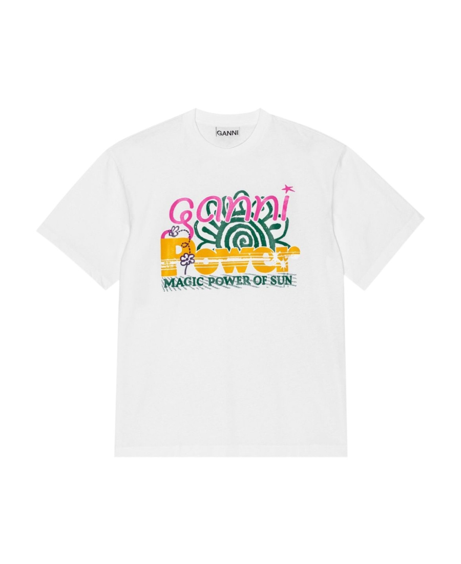 Ganni Graphic-print Organic-cotton Blend T-shirt In White