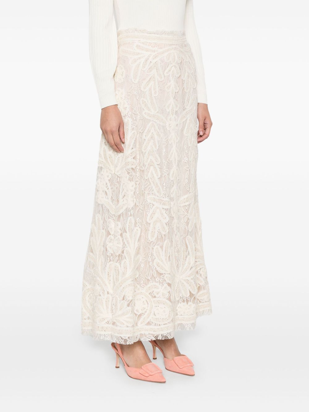 P.a.r.o.s.h Lace Floral Midi Skirt In Beige
