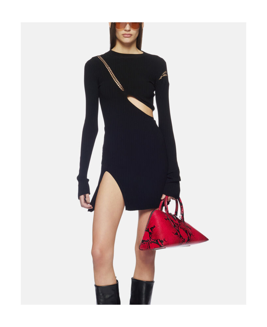 Attico Black Stretch Viscose Mini Dress With Oblique Cuts And Embroidered Label In Black