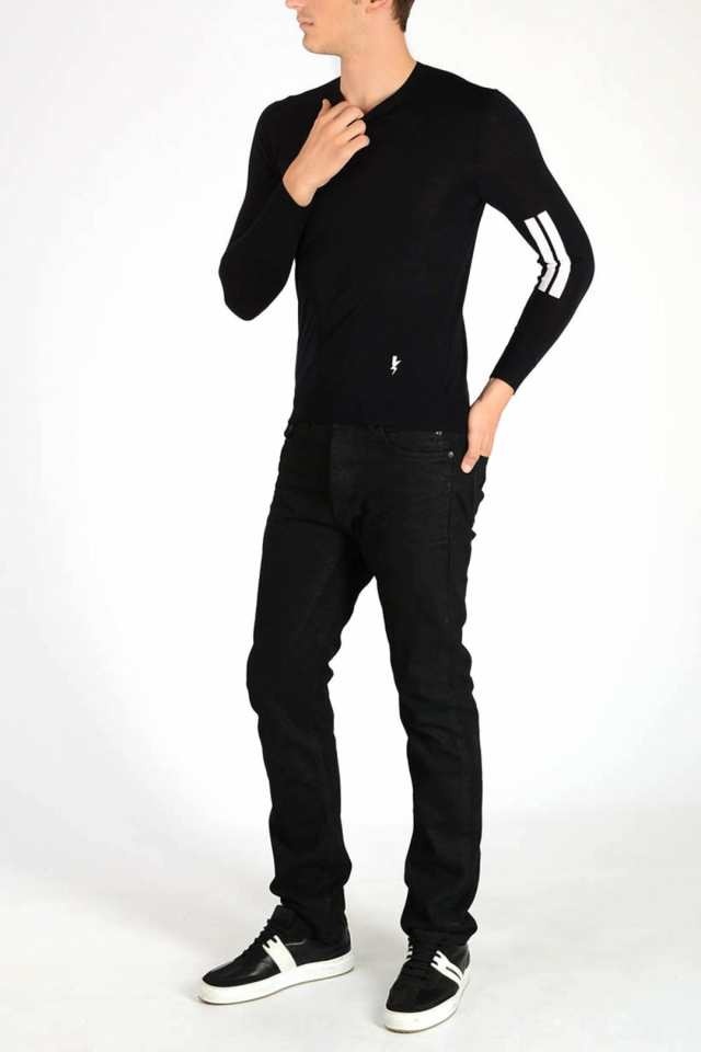 Neil Barrett Crew Neck Thunderbolt Wool Sweater In Black