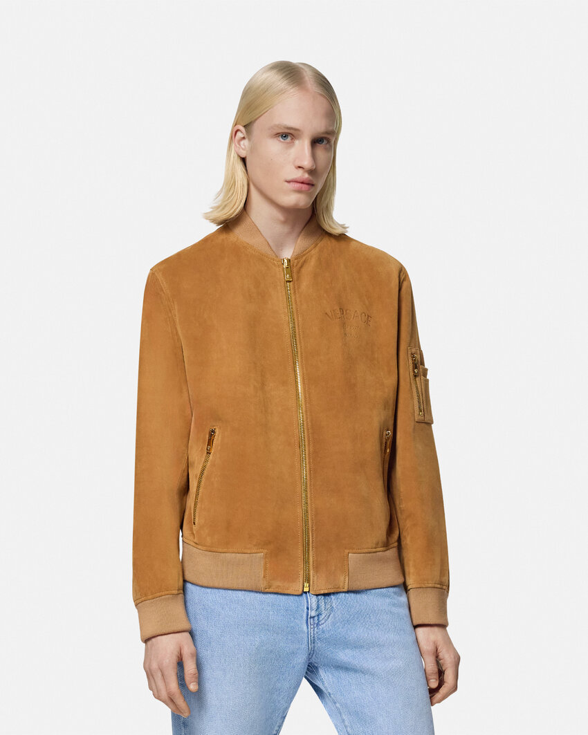 Versace Ribbed Cuffs Sleeve Zip Pocket Jacket In Brown