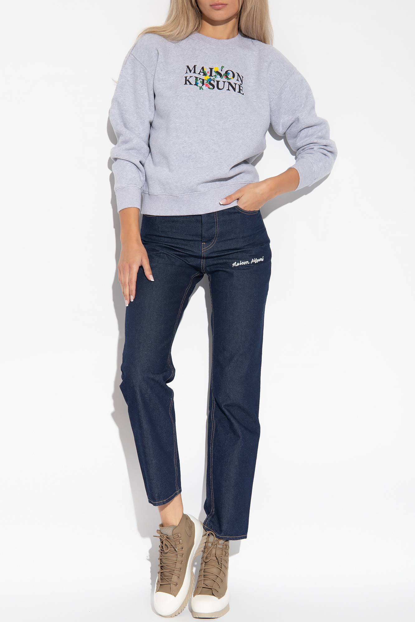 Shop Maison Kitsuné Logo Printed Crewneck Sweatshirt In White
