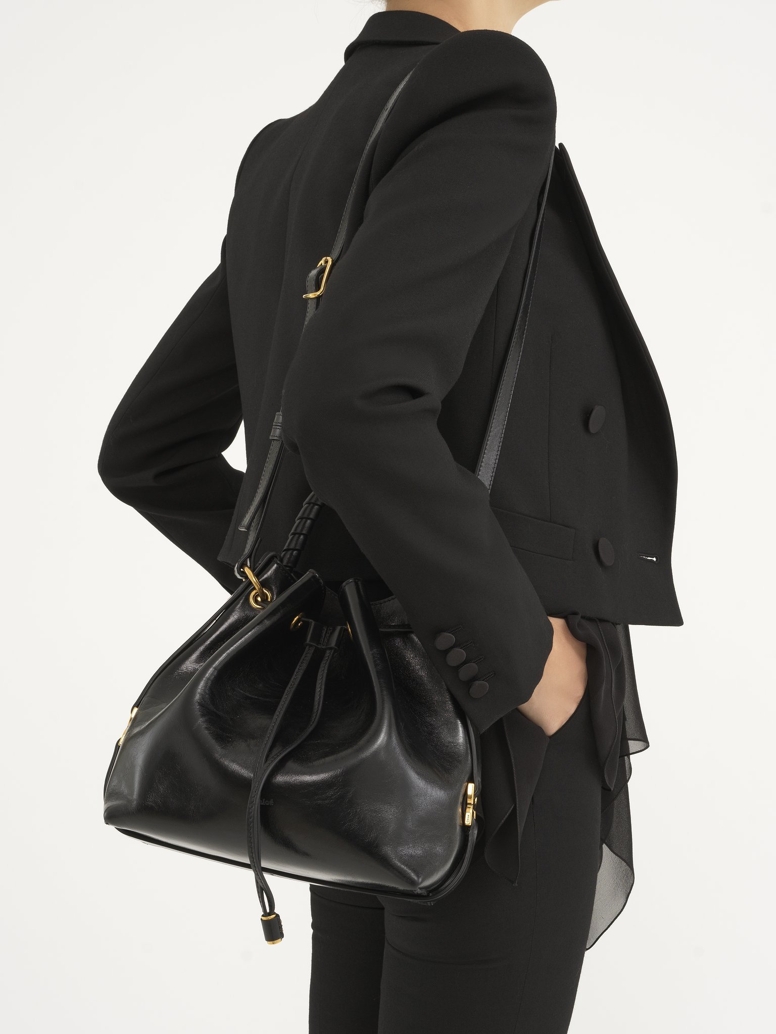 Chloé Marcie Bucket Bag In Shiny Calfskin In Black