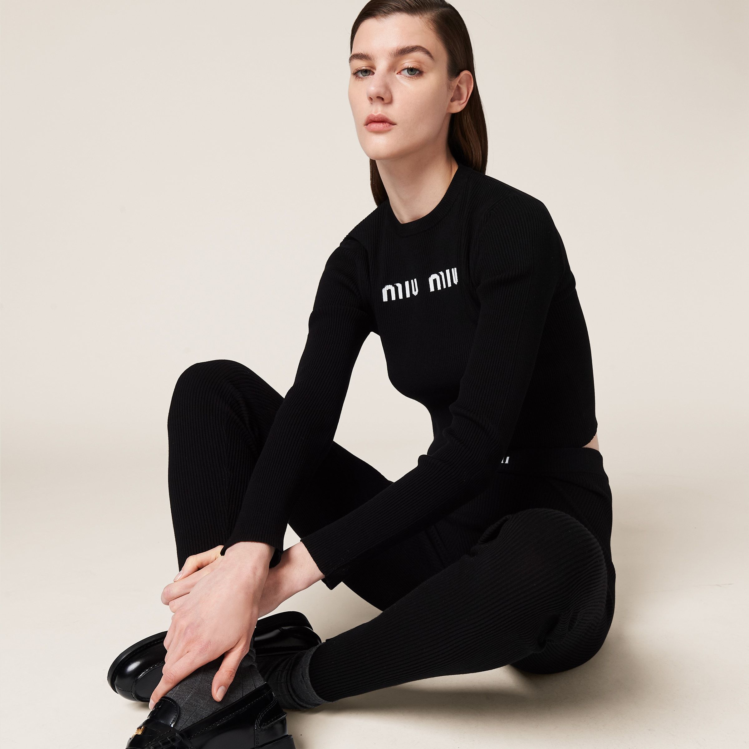 Miu Miu Logo-band Ribbed Leggings In Black