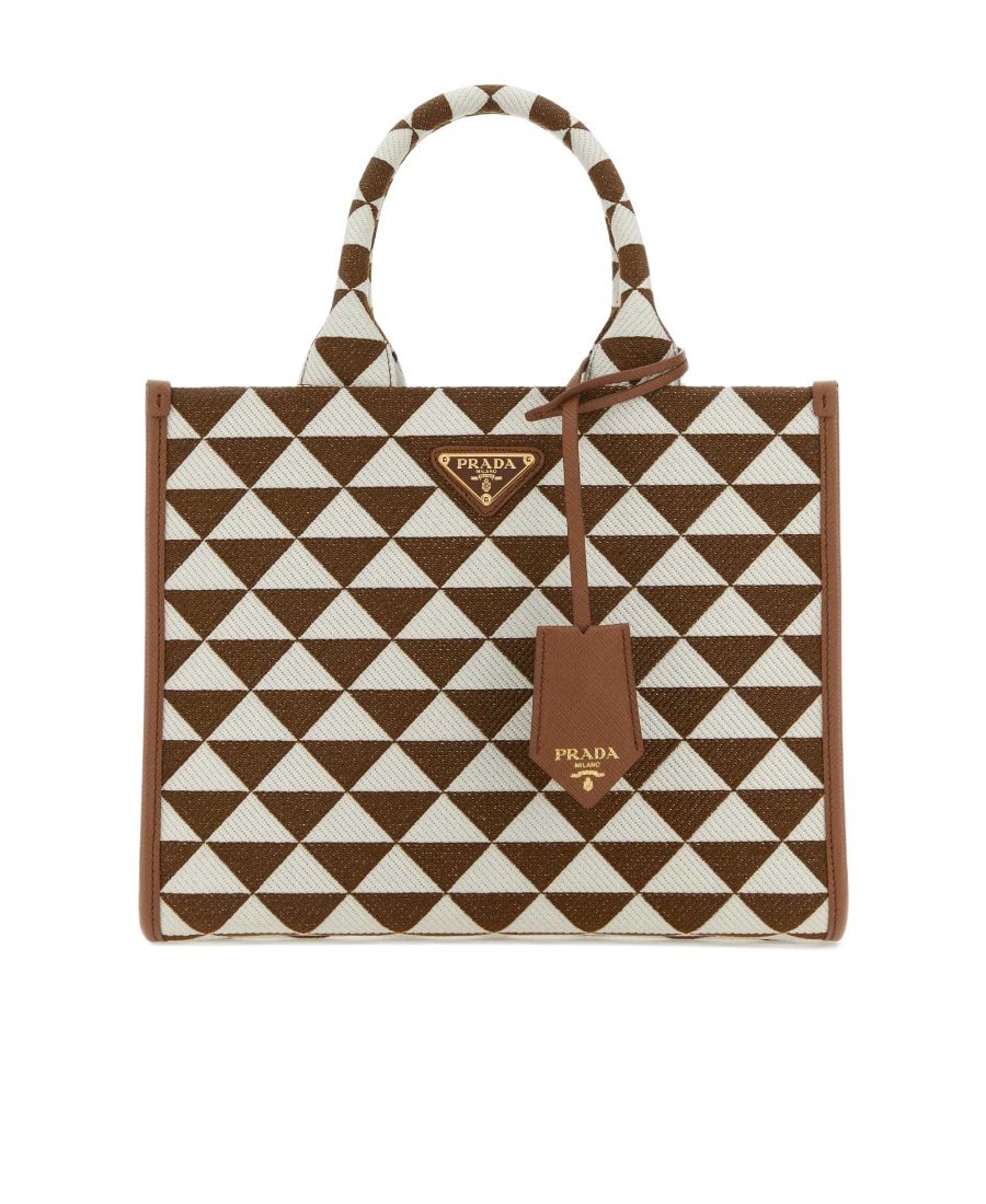 Prada Small Symbole Embroidered Fabric Handbag In Brown