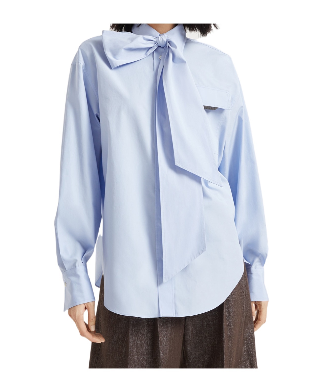 Brunello Cucinelli Long Sleeve Collared Shirt With Bow Detail In Blue