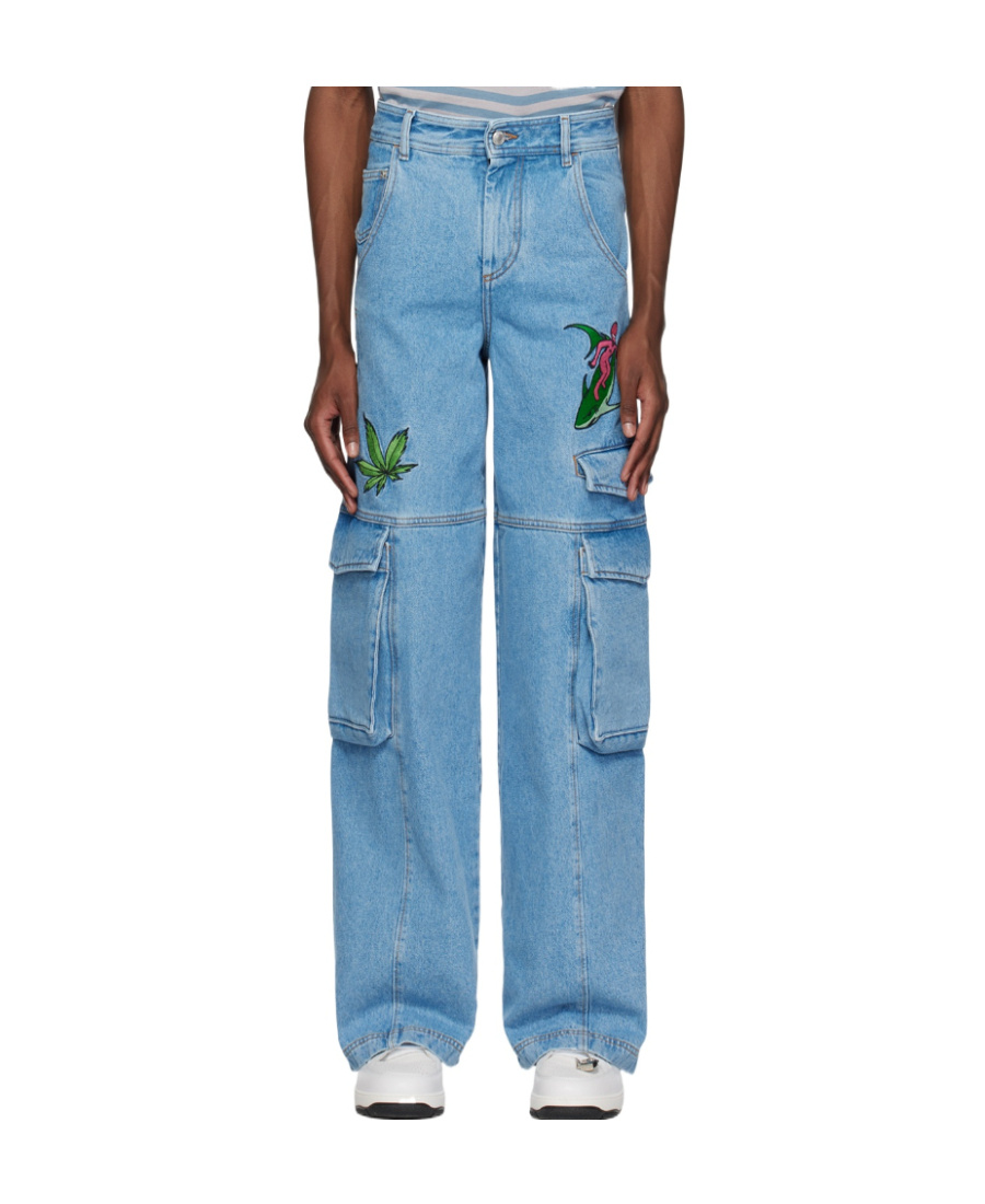 Gcds Blue Embroidered Denim Cargo Pants In Blue