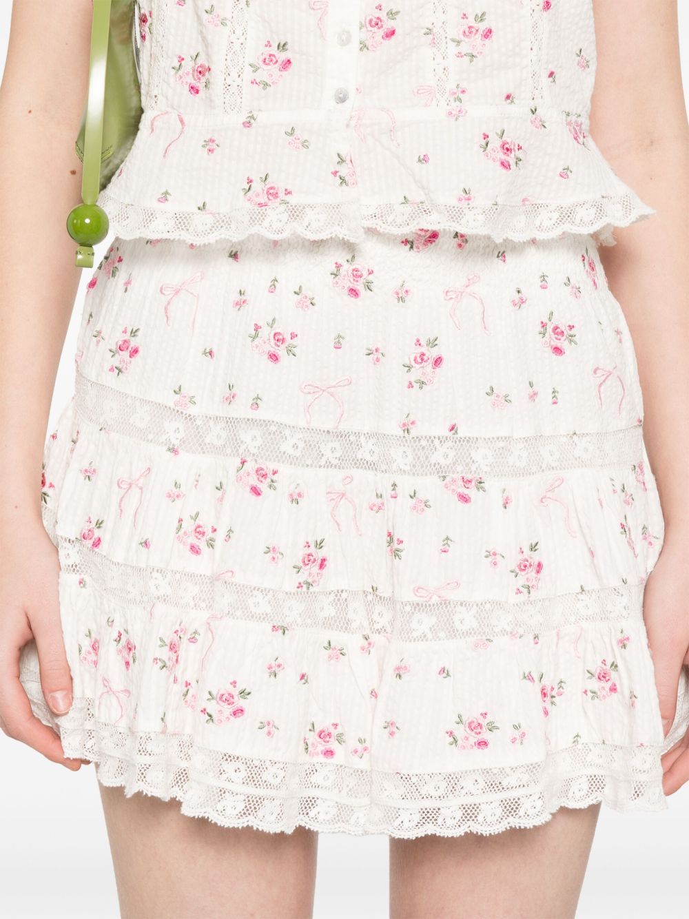 Loveshackfancy Smocked Waist Tiered Mini Skirt With Floral Embroidery In White