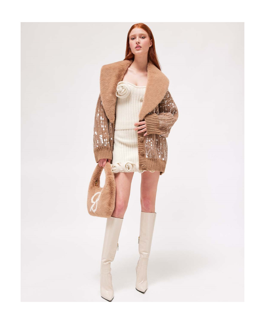 Blumarine Faux-fur Tirm Sequin Cardigan In Nude