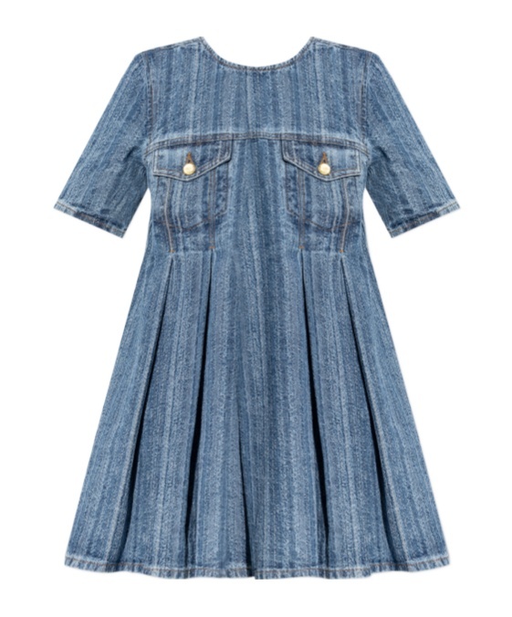 Ganni Short Sleeve Pleated Dress Pockets In Blue