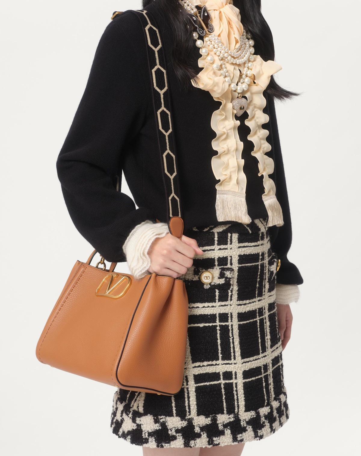 Valentino Medium Alltime Shoulder Bag In Almond Beige/black And White