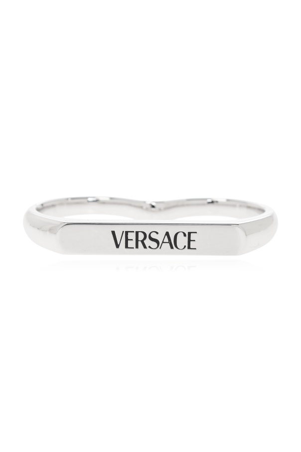 Versace Logo-engraved Two Finger Ring In Metallic