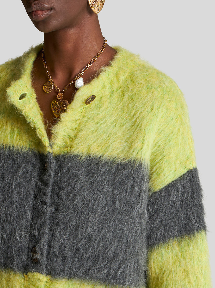 Etro Grey Grey Striped Wool Blend Cardigan In Black