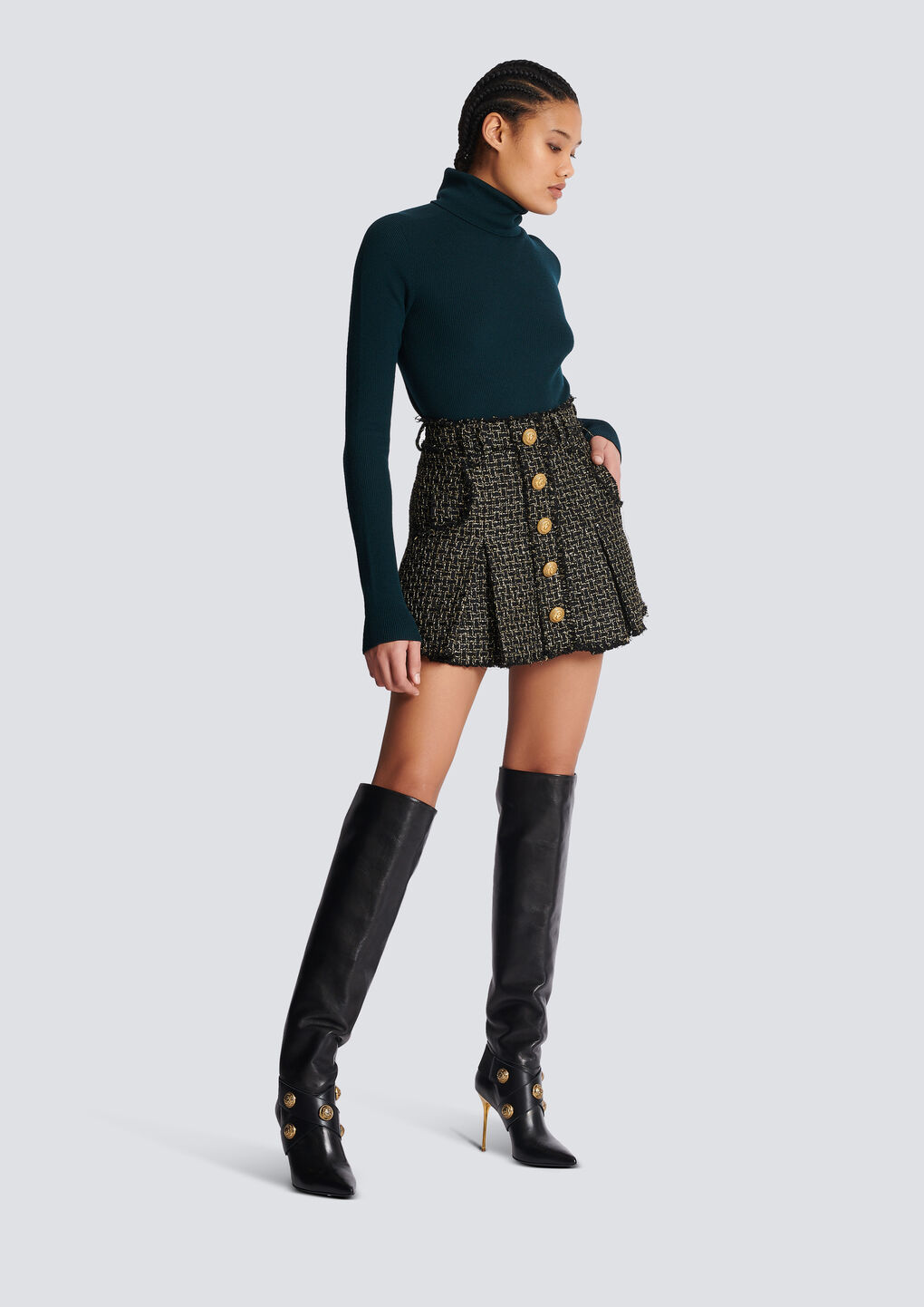 Balmain Button-embellished Pleated Metallic Tweed Mini Skirt In Black