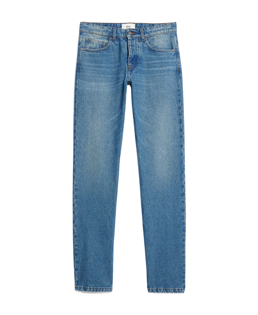 Ami Alexandre Mattiussi Ami Straight-leg Denim Jeans With Faded Blue Wash And Leather Accent