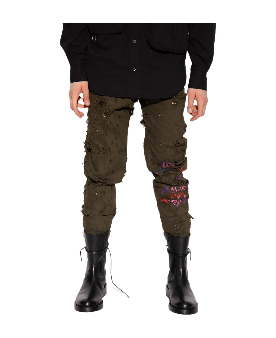 Dsquared2 Distressed Graffiti-print Trousers In Green