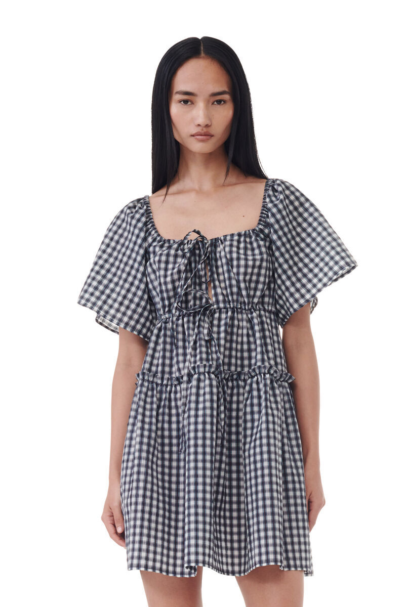 Ganni Check-print Mini Dress In Gray