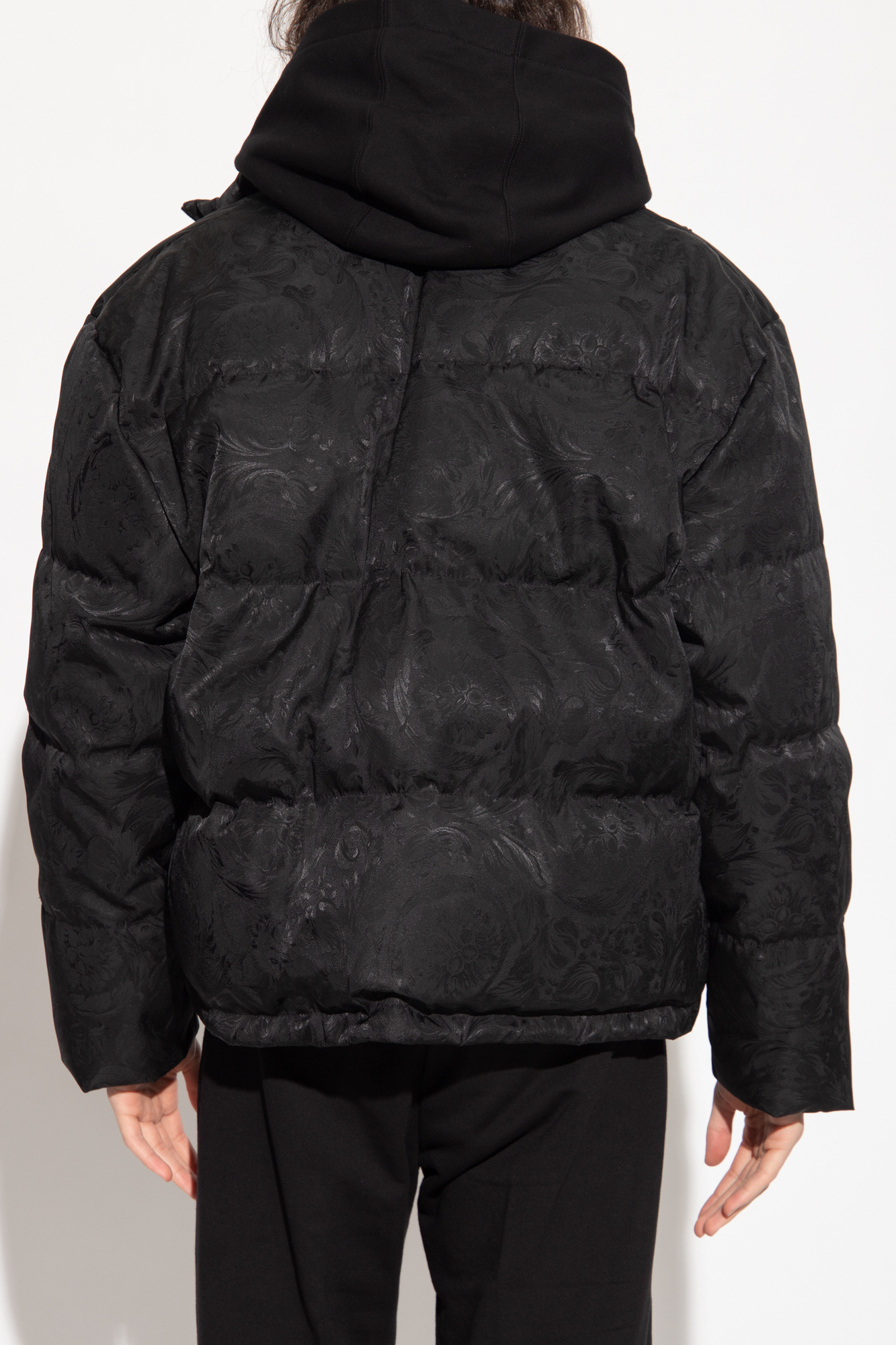 Versace Full Zip Down Jacket With All-over Pattern In Black