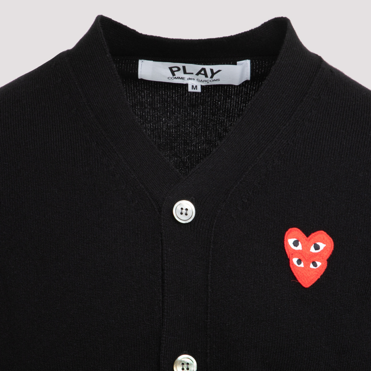 Comme Des Garçons Play Mens Cardigan Knit Black Wool Cardigan With Pixel Heart Patch. In Black