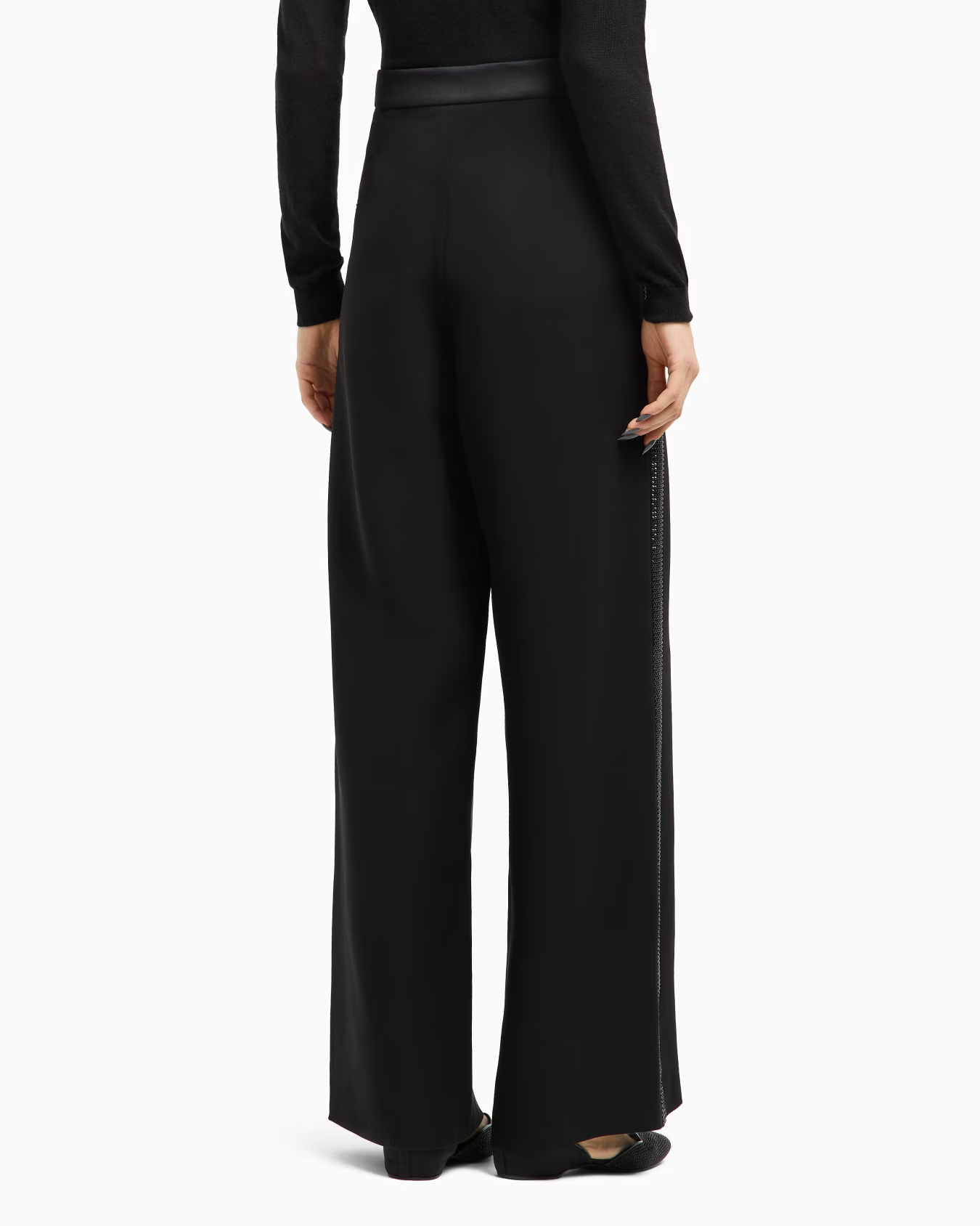 Giorgio Armani Wide-leg Silk Trousers With Rhinestone Details In Black