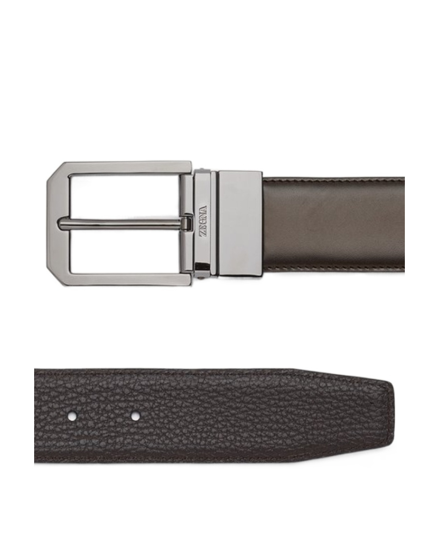 Zegna Grained Leather Reversible Belt In Brown