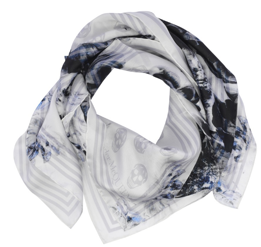 Alexander Mcqueen Silk Biker Scarf With Floral And Skull Print In Black