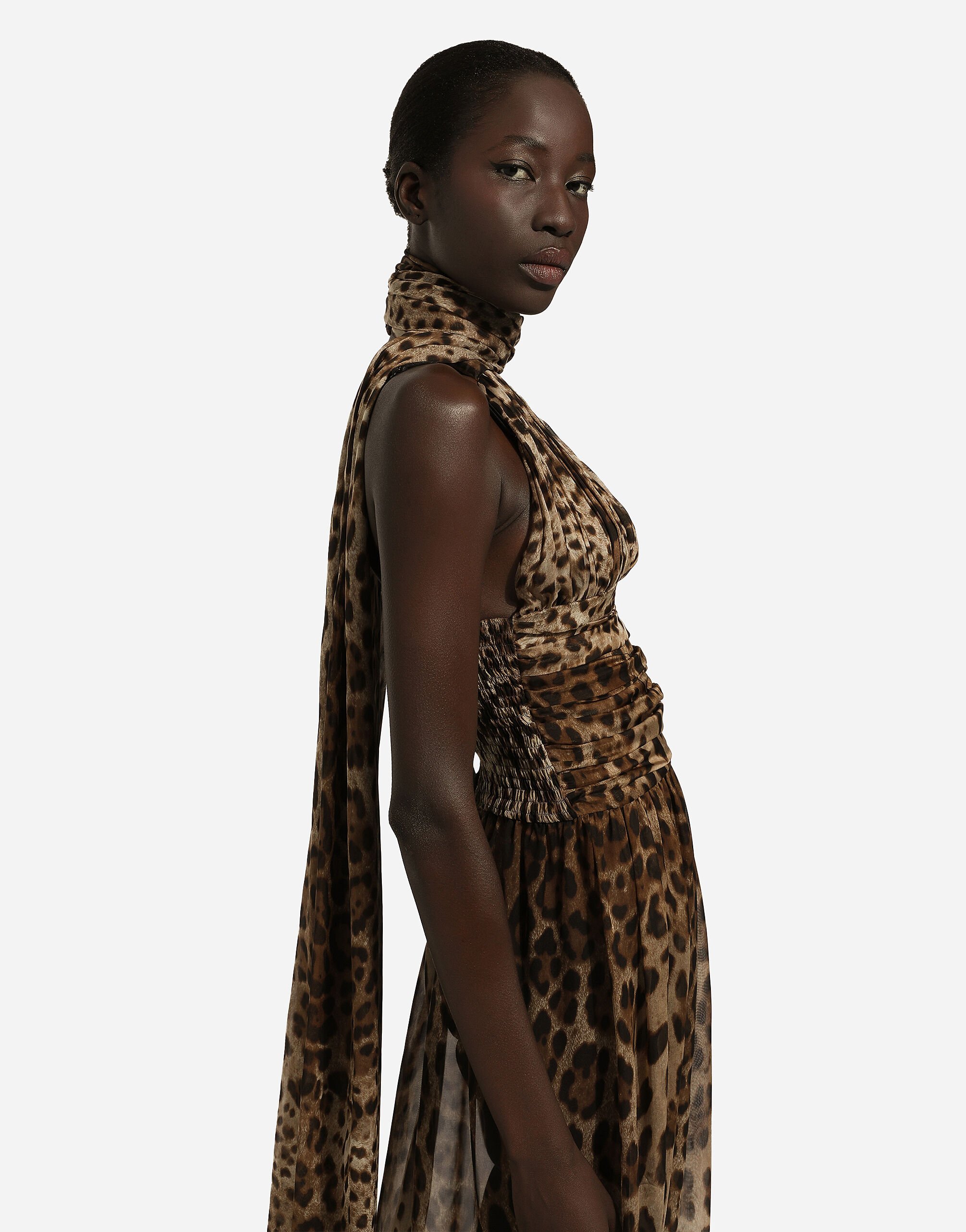 Dolce & Gabbana Leopard-print Halterneck Silk Gown In Brown