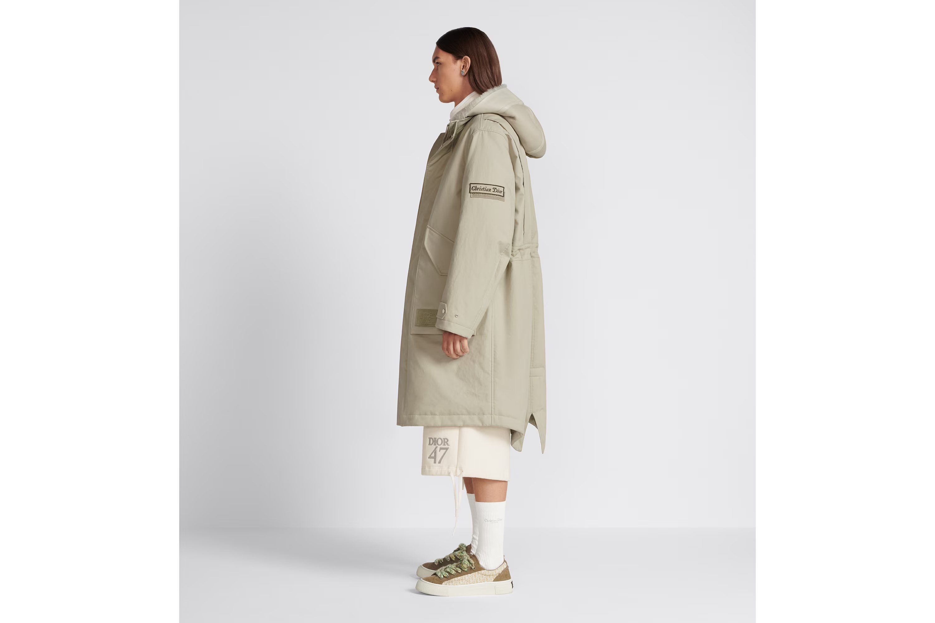 Dior Logo Hooded Coat In Nude