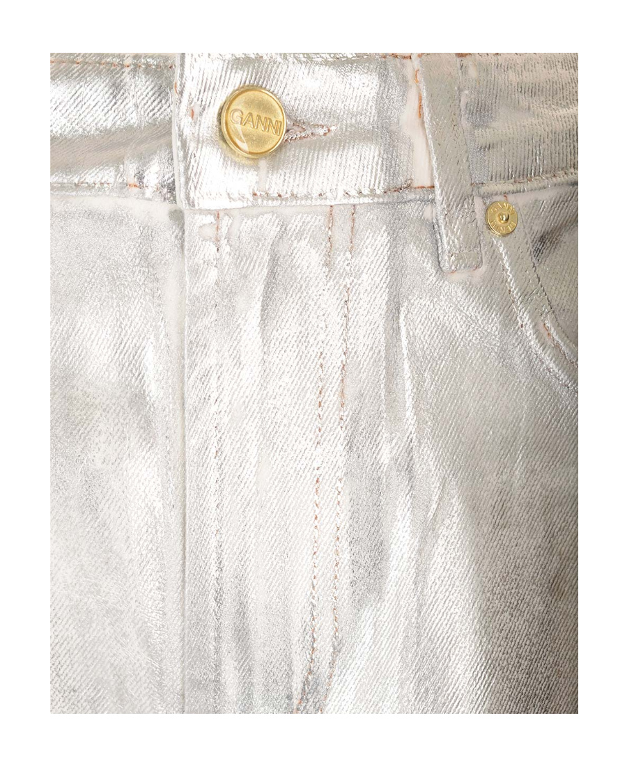 Ganni Metallic-finish Organic-cotton Tapared Jeans In White