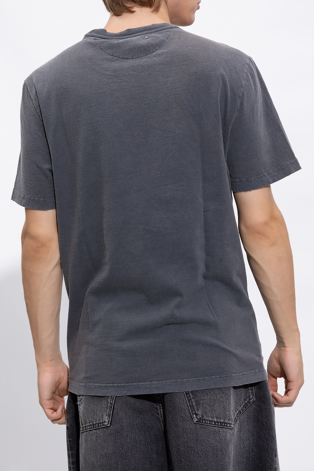 Golden Goose Green Crewneck T-shirt With Logo On The Front And Logo Patch On The Front In Gray