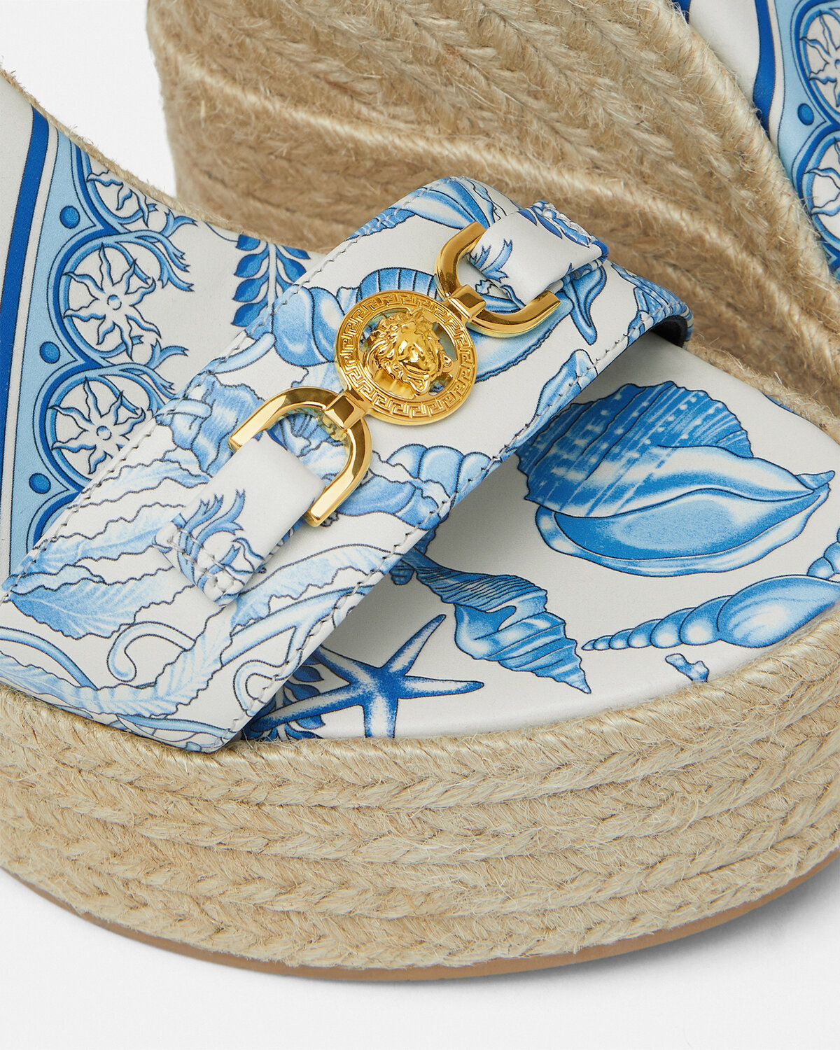 Versace Embellished Printed Leather Espadrille Wedge Sandals In Blue