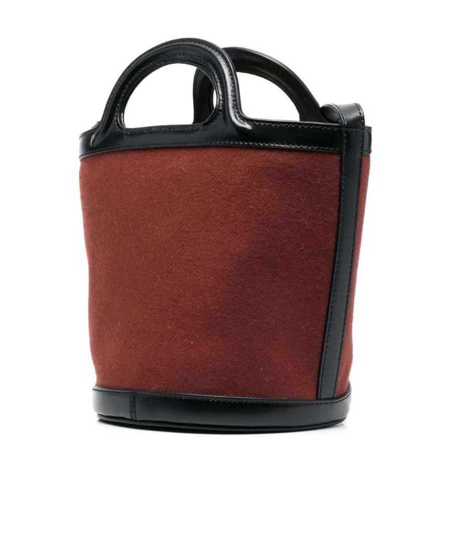 Marni Brown Bucket Shoulder Bag In Calf Leather And Wool And Cotton Blend With Adjustable And Removable Sh In Red