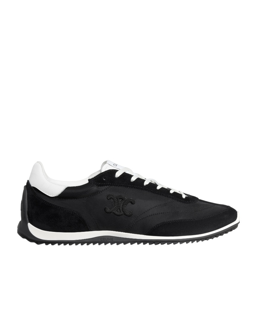 Celine Racer Low Lace-up Sneaker With Triomphe In Nylon, Suede Calfskin And Calfskin In Black